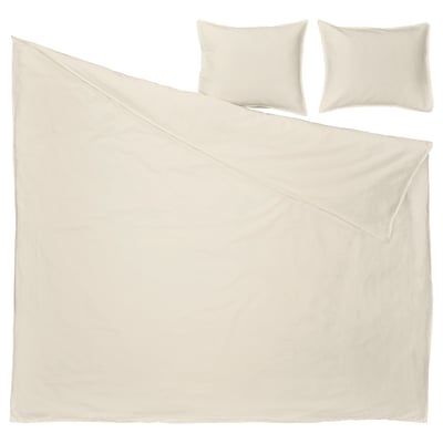 Parure de lit beige avec couette et deux oreillers, en mélange lin-coton froissage-chic, prélavée pour plus de douceur, avec oreillers à fermeture enveloppe.