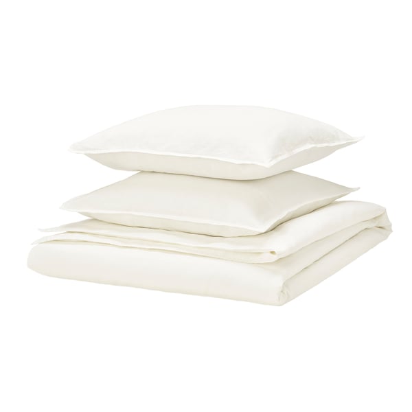Parure de lit blanche RUNDHAGTORN : couette et oreillers rectangulaires, tissu lisse en coton-lin.