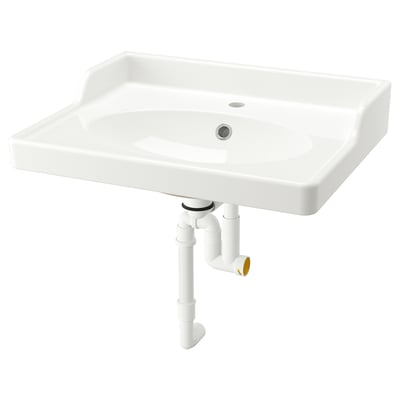 Un lavabo en céramique RUTSJÖN blanc avec dosseret surélevé et cuvette ovale, conçu pour un attrait traditionnel, avec une garantie de 10 ans.