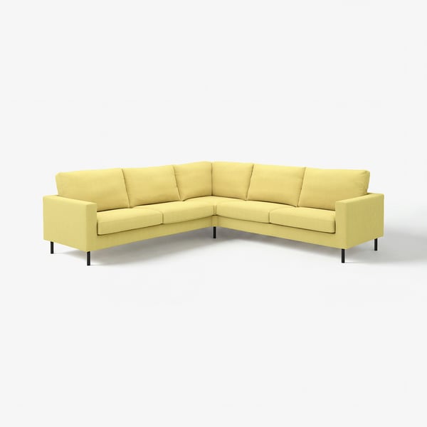 Canapé moderne jaune en forme de L avec des pieds noirs élégants et des coussins de soutien.