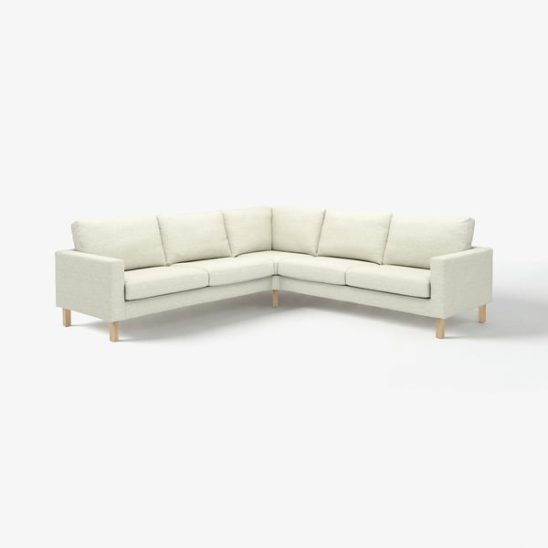 SALTSJÖBADEN canapé d’angle 4 places, gris clair, en tissu, style moderne, avec pieds et coussins en bois.