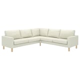 Canapé sectionnel moderne en forme de L crème avec pieds en bois, design minimaliste.
