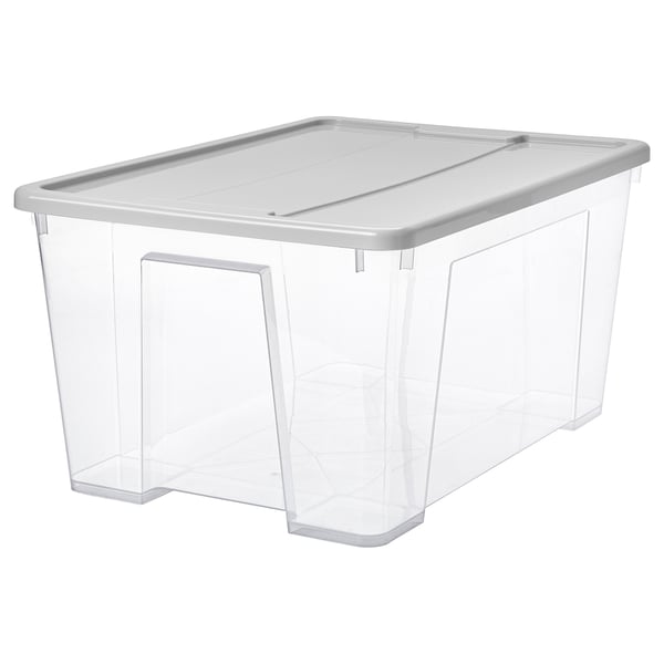 SAMLA Boîte avec couvercle, transparent/gris clair, 57x39x28 cm/45 l