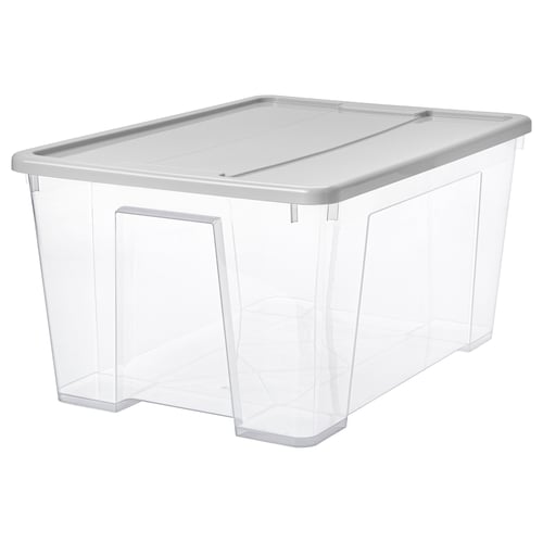 SAMLA Boîte avec couvercle, transparent/gris clair, 57x39x28 cm/45 l