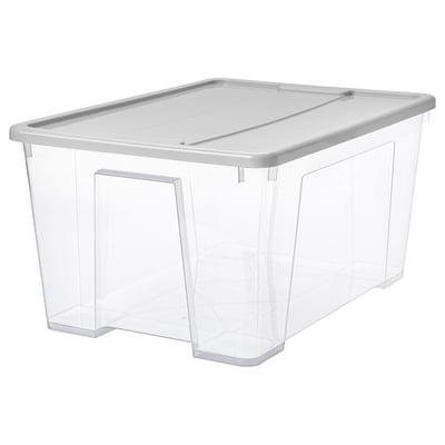 SAMLA Boîte avec couvercle, transparent/gris clair, 57x39x28 cm/45 l
