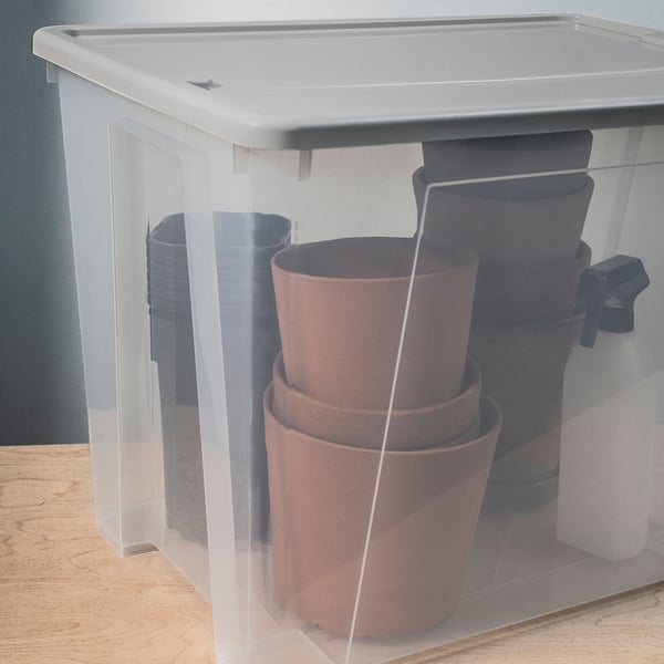 Un bac de rangement translucide avec couvercle à clic contient trois grands pots de plantes. Empilables, durables, fabriqués en plastique recyclé.