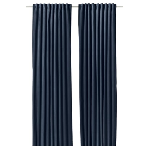 Rideaux SANELA bleu foncé, en velours pur coton, drapés élégamment de plis, effet assombrissant.