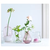 Cinq vases avec des fleurs, de formes et de tailles variées, roses et transparentes.