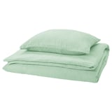 Parure de lit SCHERSMIN vert menthe, avec housse de couette et taies d’oreiller, confectionnée en 100 % coton biologique doux dans un tissage gaufré.