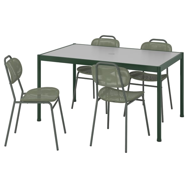 Ensemble de salle à manger d’extérieur SEGERÖN vert avec table pour parasol, 4 chaises respirantes.