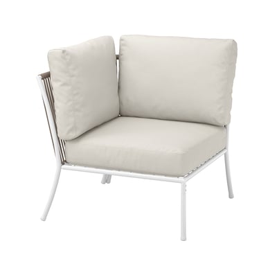 Chaise d’extérieur blanche, SEGERÖN, avec coussins beige clair, cadre en acier, assise d’angle.