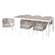 Option : Un ensemble de salle à manger d’extérieur blanc, SEGERÖN, avec une table rectangulaire et quatre chaises. Les chaises ont des sièges, des accoudoirs et des coussins tissés.