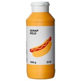Bouteille de moutarde SENAP MILD, 500g, avec étiquette pour hot-dog.