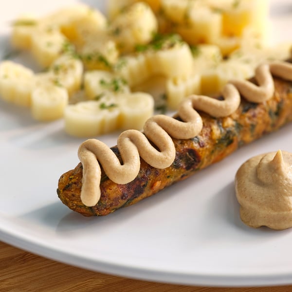 Une assiette blanche contient des saucisses brunes arrosées d’une trempette crémeuse, à côté d’une salade de pommes de terre dorées.