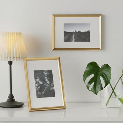 Des cadres dorés mettant en valeur des photos en noir et blanc et un papillon, posés sur une table avec une lampe et une plante.