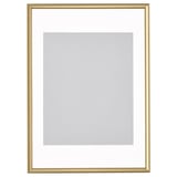 Cadre photo doré vide, rectangulaire, avec fond gris.
