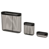 Trois conteneurs de stockage en maille noire varient en taille, conçus pour organiser les petits objets.