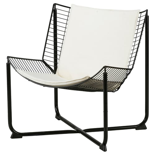 Chaise SKÅLBODA : coussin blanc, cadre en métal noir, design moderne et élégant.