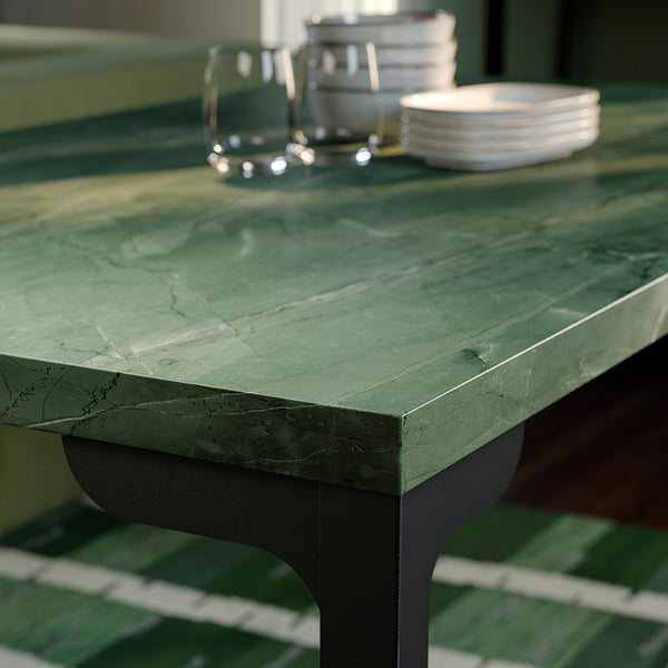 SKÅLSTA Table, gris-vert foncé marbré/droit noir-gris, 140x80 cm