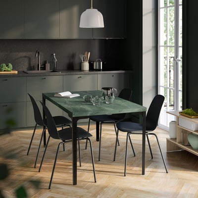 SKÅLSTA Table, gris-vert foncé marbré/droit noir-gris, 140x80 cm