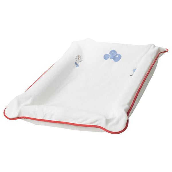 Housse de matelas à langer blanche avec motifs myrtilles, garniture rouge, mélange coton-polyester, rectangulaire.