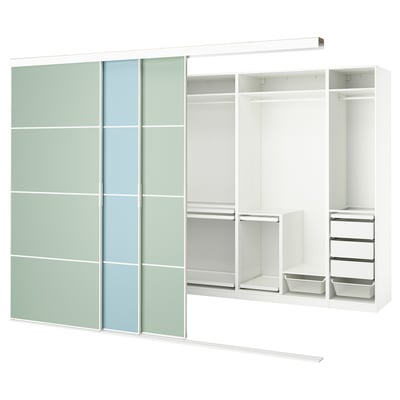 Armoire Ikea SKYTTA : placard coulissant personnalisable blanc avec portes en verre vert clair et bleu, intérieur en métal et bois, garantie 10 ans.
