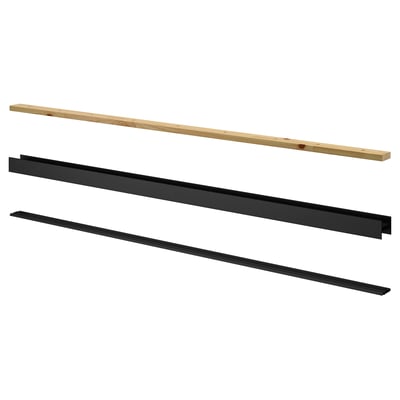 Pièces de rail SKYTTA pour portes coulissantes : dessus en bois, rails inférieurs en aluminium noir.