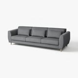 Canapé moderne en tissu gris, coussins à 3 places, pieds en bois, design minimaliste.