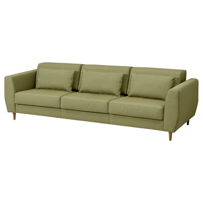 Canapé SLATORP vert, design moderne, trois coussins, pieds en bois.