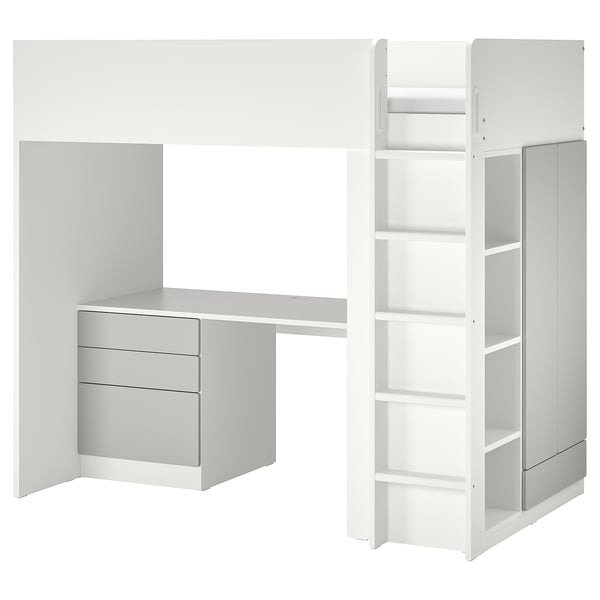 Lit mezzanine blanc moderne pour enfants avec bureau, armoire et étagères.