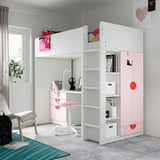 Chambre d’enfant avec lit mezzanine blanc, accents roses, bureau, étagères et armoire.