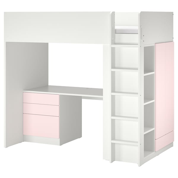 Lit mezzanine pour enfants avec bureau, commode, armoire, étagères et échelle.