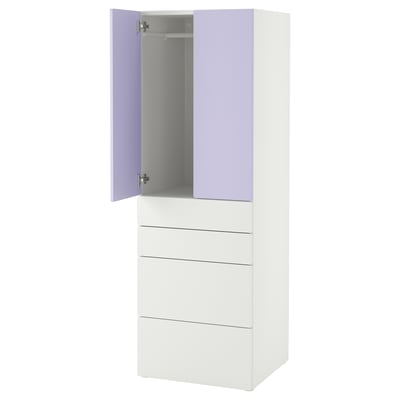 Armoire blanche SMÅSTAD avec portes violettes, trois tiroirs, pieds réglables.
