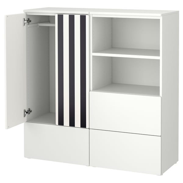 Armoire SMÅSTAD avec portes ouvertes, étagères supérieures, étagères centrales, tiroirs inférieurs