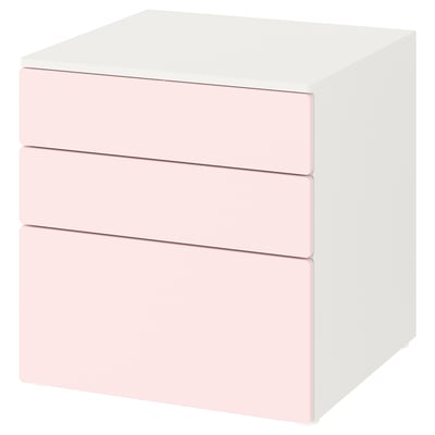 Commode SMÅSTAD : 3 tiroirs rose pastel, cadre blanc, design simple.