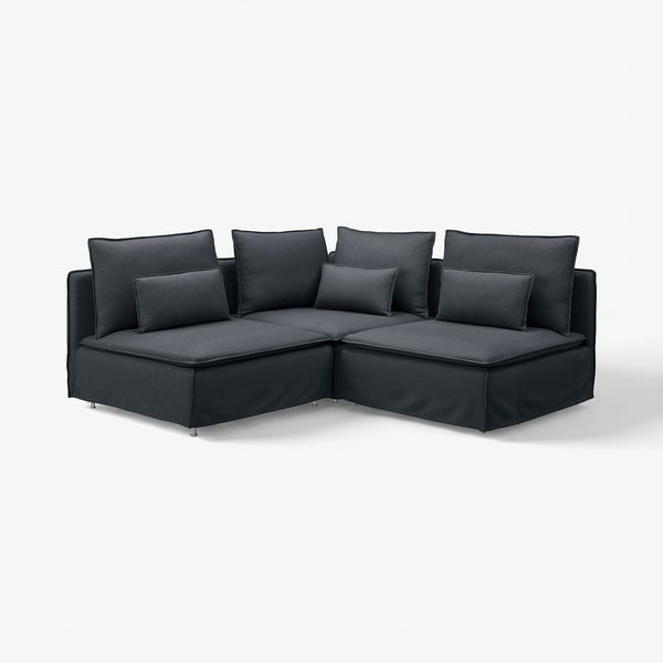 Canapé sectionnel en forme de L gris foncé avec des sièges profonds et des coussins amples. Des lignes modernes, épurées, et un tissu facile à nettoyer.