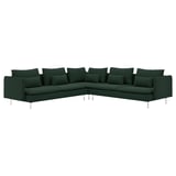 Canapé sectionnel en forme de L vert foncé avec 12 coussins, assises profondes, pieds hauts, design moderne.