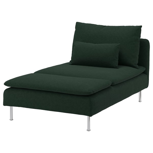 Chaise longue moderne en tissu vert avec pieds en métal ; Design élégant.