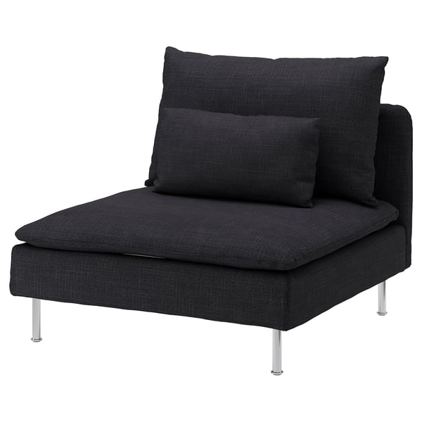 Chaise SÖDERHAMN gris foncé au design élégant et moderne, dotée d’une assise profonde, de pieds en métal et de coussins en coton, polyester et lin.