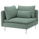 Petit canapé moderne en forme de L, SÖDERHAMN, de couleur vert sarcelle, avec deux coussins, des pieds en métal élégants et un design moelleux et accueillant.