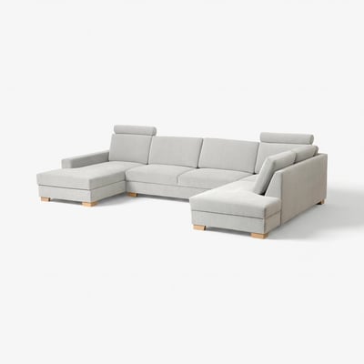 Canapé sectionnel moderne en forme de U gris clair avec pieds en bois.