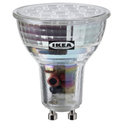 Ampoule led Ikea, blanc chaud, ronde, couvercle en plastique, dimmable.