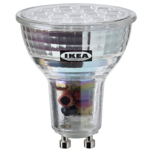 Ampoule led Ikea, blanc chaud, ronde, couvercle en plastique, dimmable.