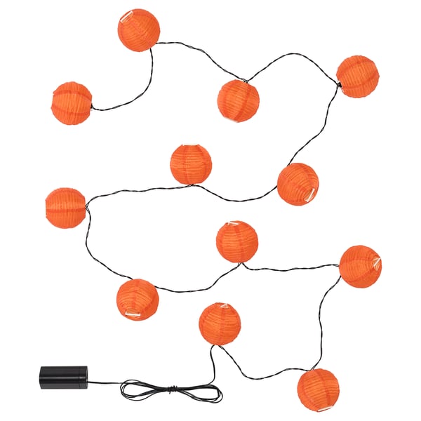 Chaîne de 10 lanternes en papier orange, alimentées par un boîtier de batterie noir. Idéal pour la décoration intérieure/extérieure.