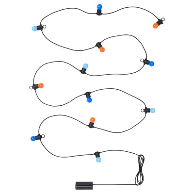 Guirlande lumineuse SOLVINDEN avec ampoules bleues et oranges, connecteurs en plastique et en métal, parfaite pour la décoration extérieure.