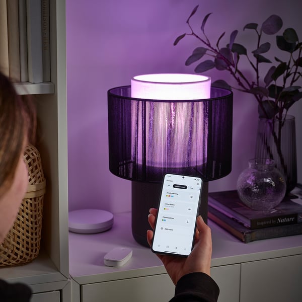 La main tient le téléphone contrôlant la lampe violette via l’application. La lampe a un abat-jour rayé, se trouve sur une étagère violette avec une plante et des livres.