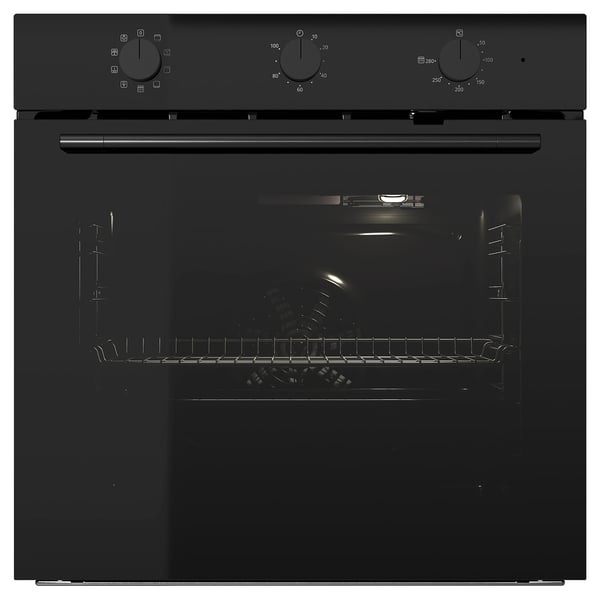 Four moderne noir au design élégant et porte en verre fumé.