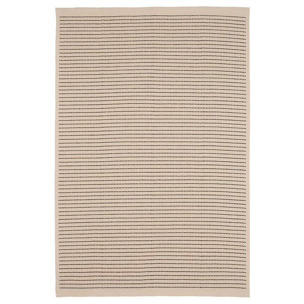 Tapis rectangulaire à rayures beiges et noirs.