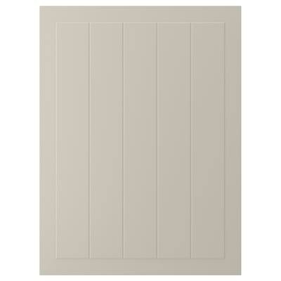 Il s’agit d’une porte d’armoire beige STENSUND avec des rainures verticales. Il s’agit d’une surface lisse et laquée et d’une forme rectangulaire.