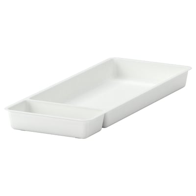 Un organisateur de tiroir STÖDJA blanc. Il est fabriqué en plastique polypropylène et a une forme rectangulaire avec deux compartiments.